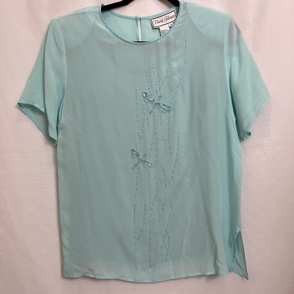 Diane Gilman Pistachio Green Color, Silk Bead Blouse With Scarf Size M STUNNING